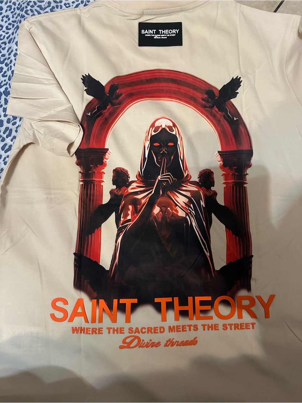 Saint Laurent Cream Short Sleeve Logo Tee with Orange Script - Picture 2 of 2